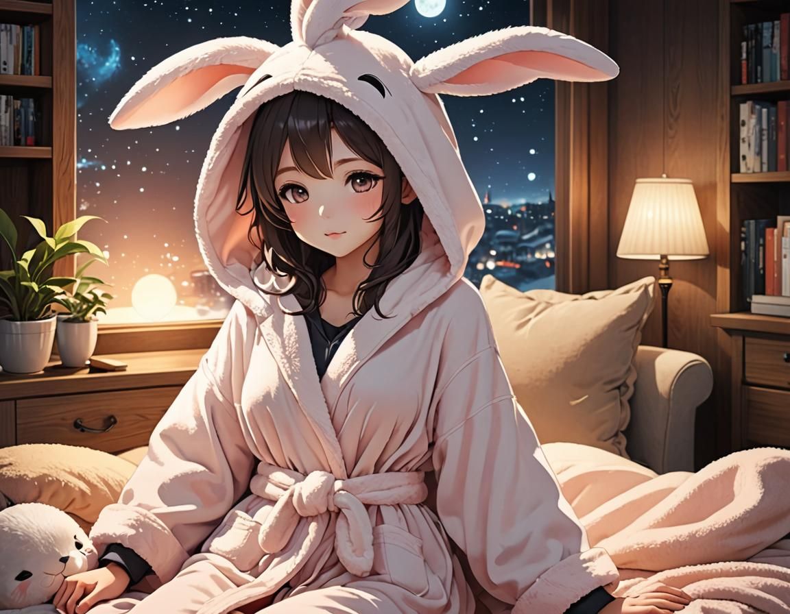 Anime Woman in Bunny Sleepwear - Studio Trigger Style