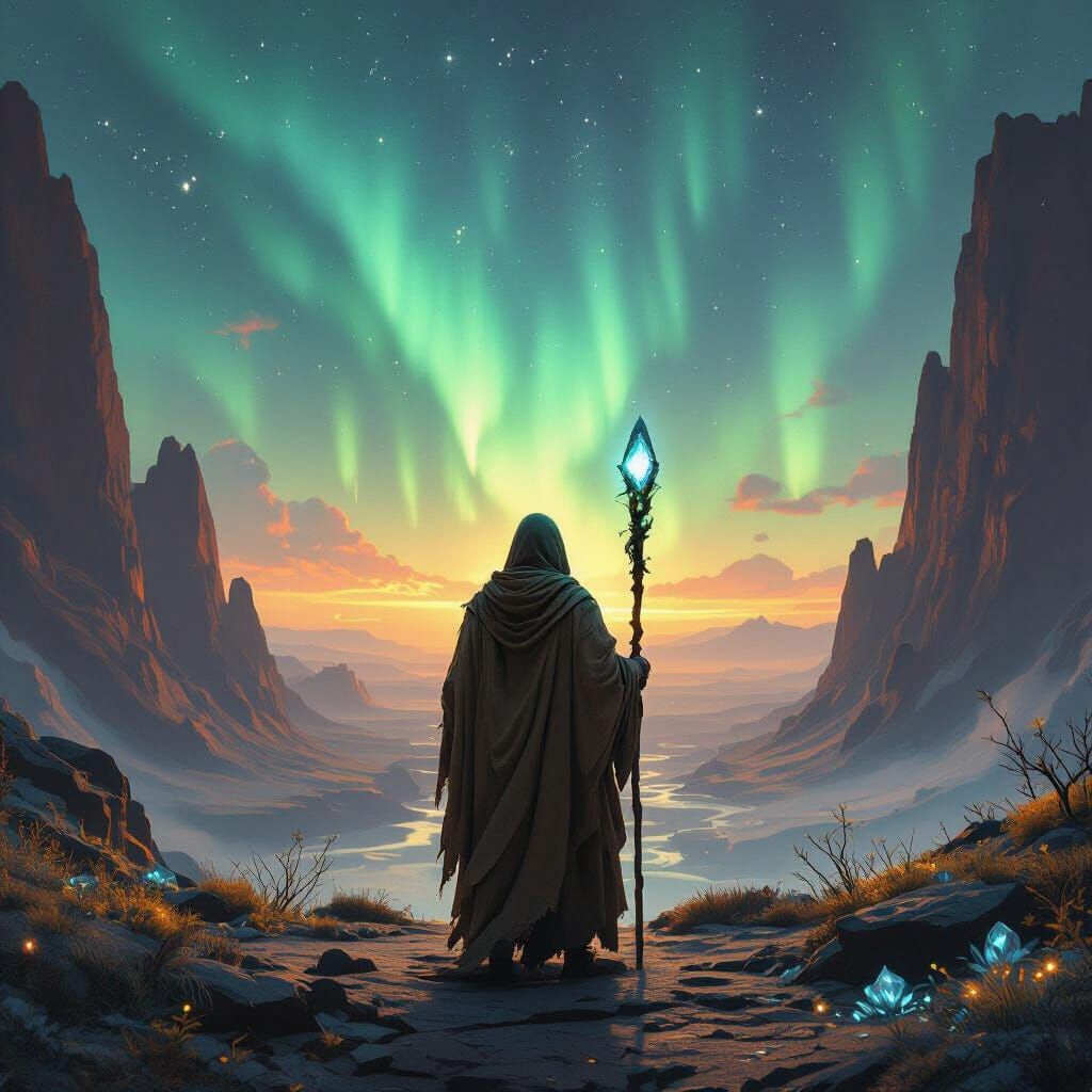 Crystalline Canyon Wanderer Under Alien Aurora