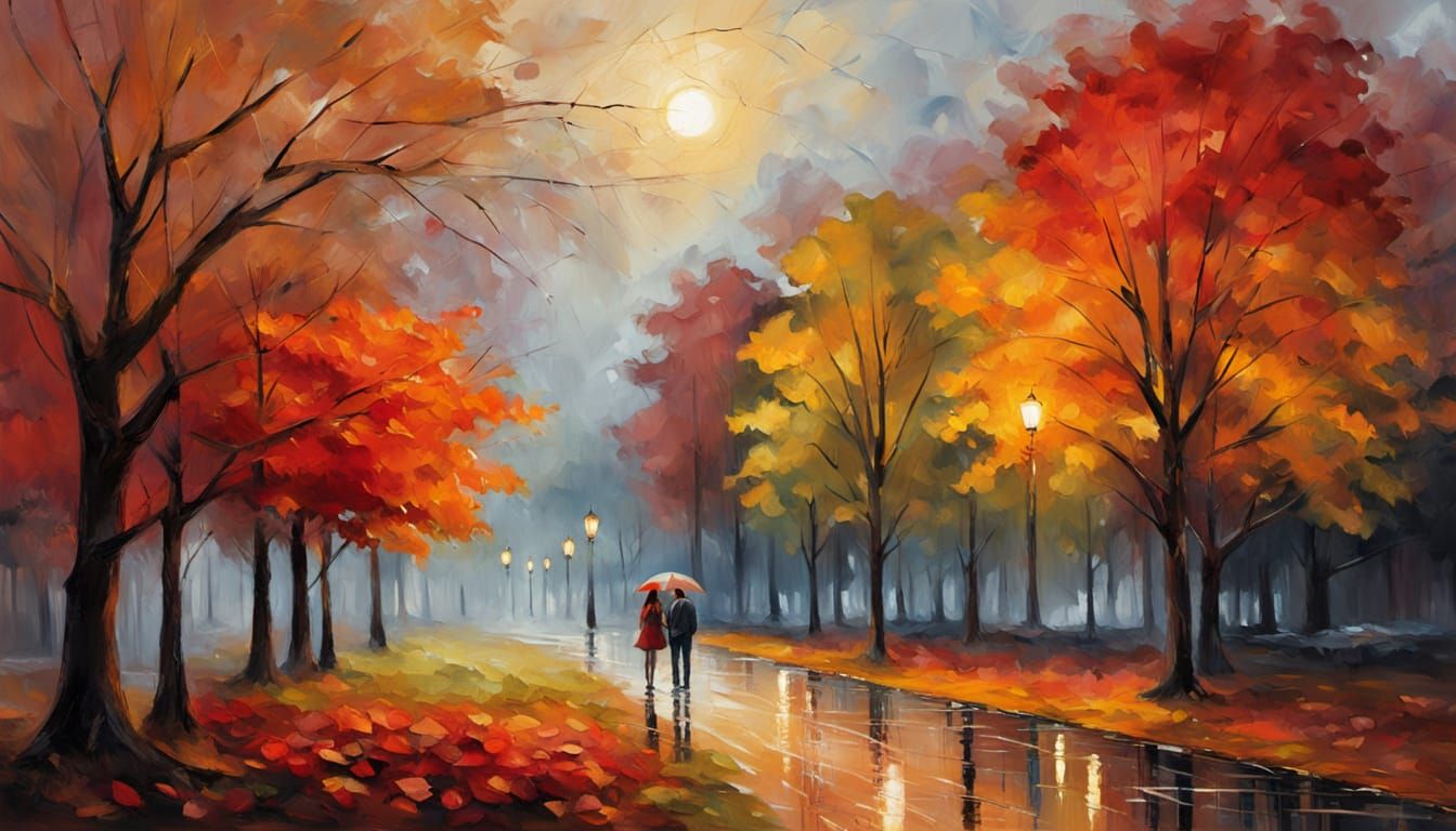 Autumnal Park Scene in Impressionistic Style