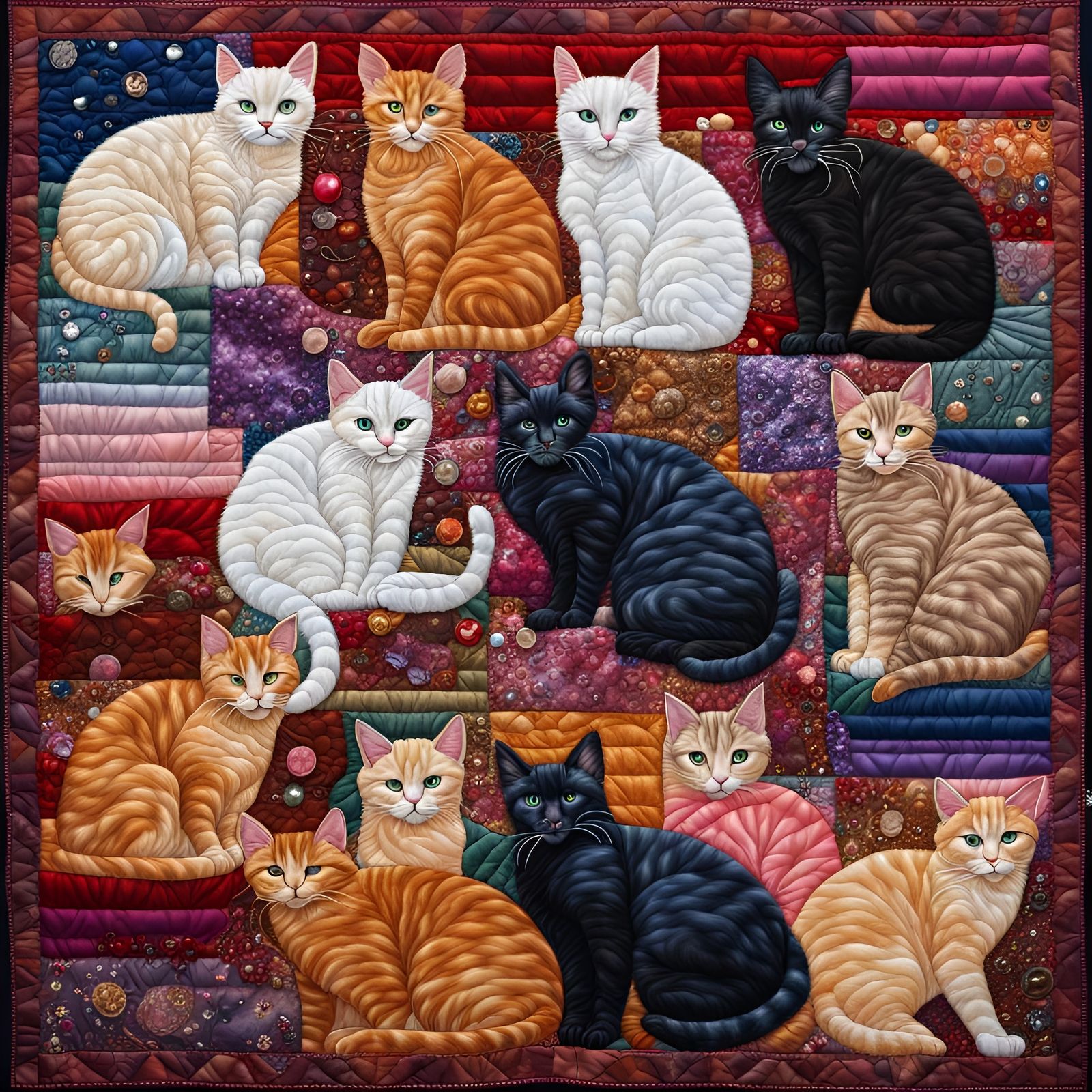 Hyperrealistic Multicolored Cat Quilt with Mixed Media