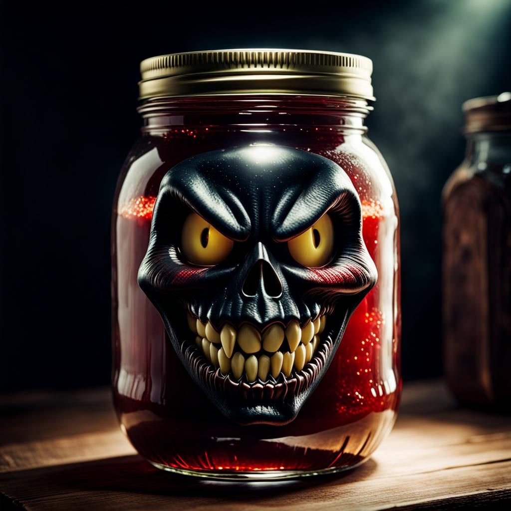 Jam jar holding  an  evil face inside it