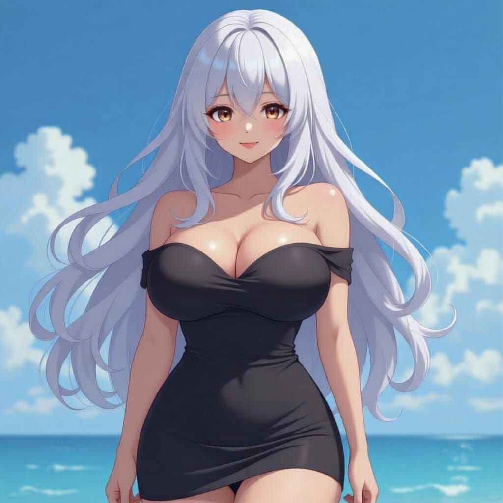 Anime Woman with Flowing White Hair and Voluptuous Figure