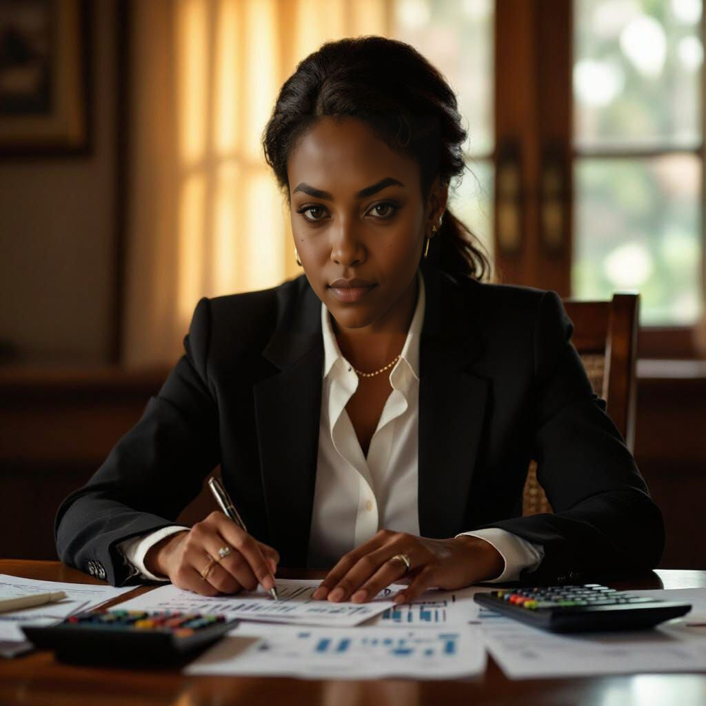 Brown Skin Woman Budgeting at Table - Cinematic Film Still