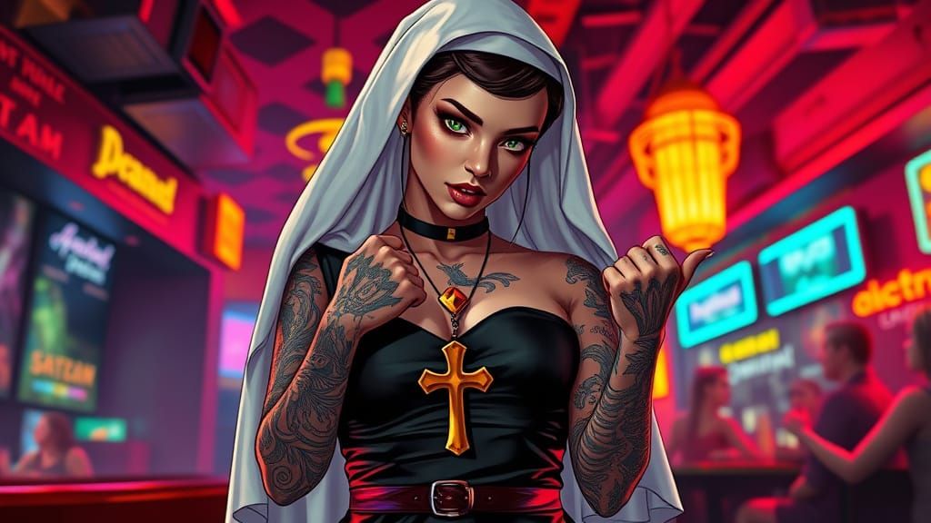 Tattooed Nun in Neon Club: Comic Art Style
