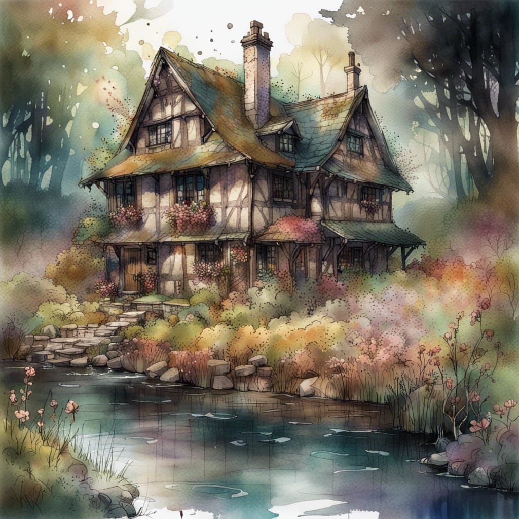 Cottagecore Stone Cottage in Fairycore Landscape