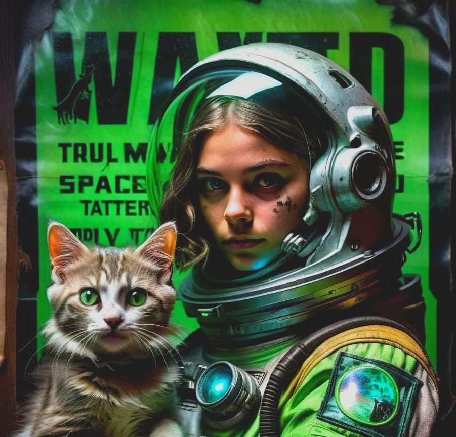 Intergalactic Wanted Poster: Girl, Kitten, Alien in Chalk Ar...