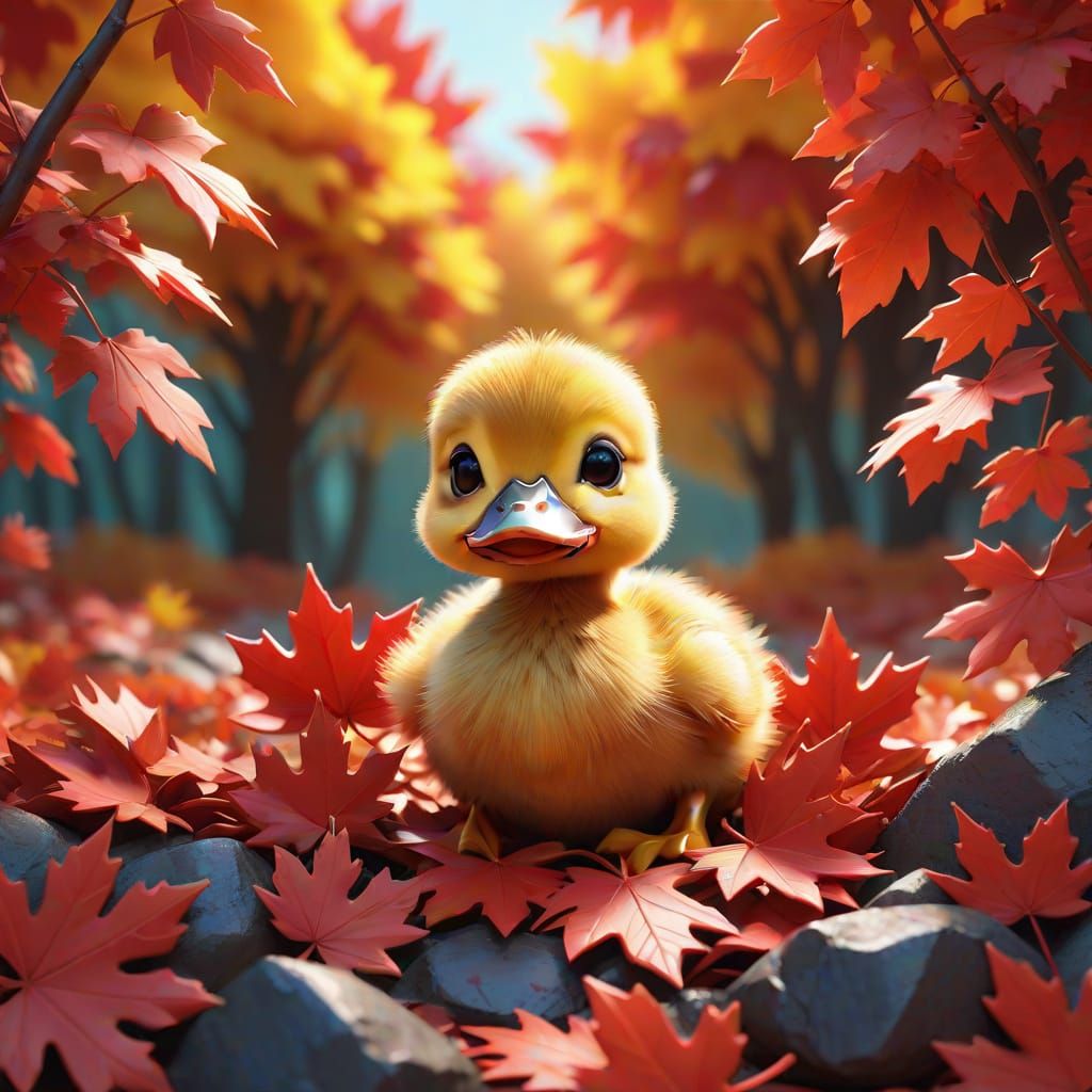 Cute Duckling Peeking From Autumn Leaves