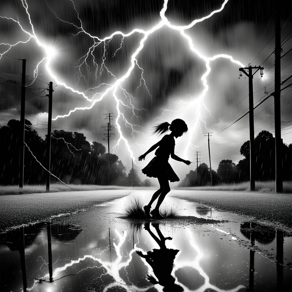 Rainstorm with Electrical Fairies in Black and White