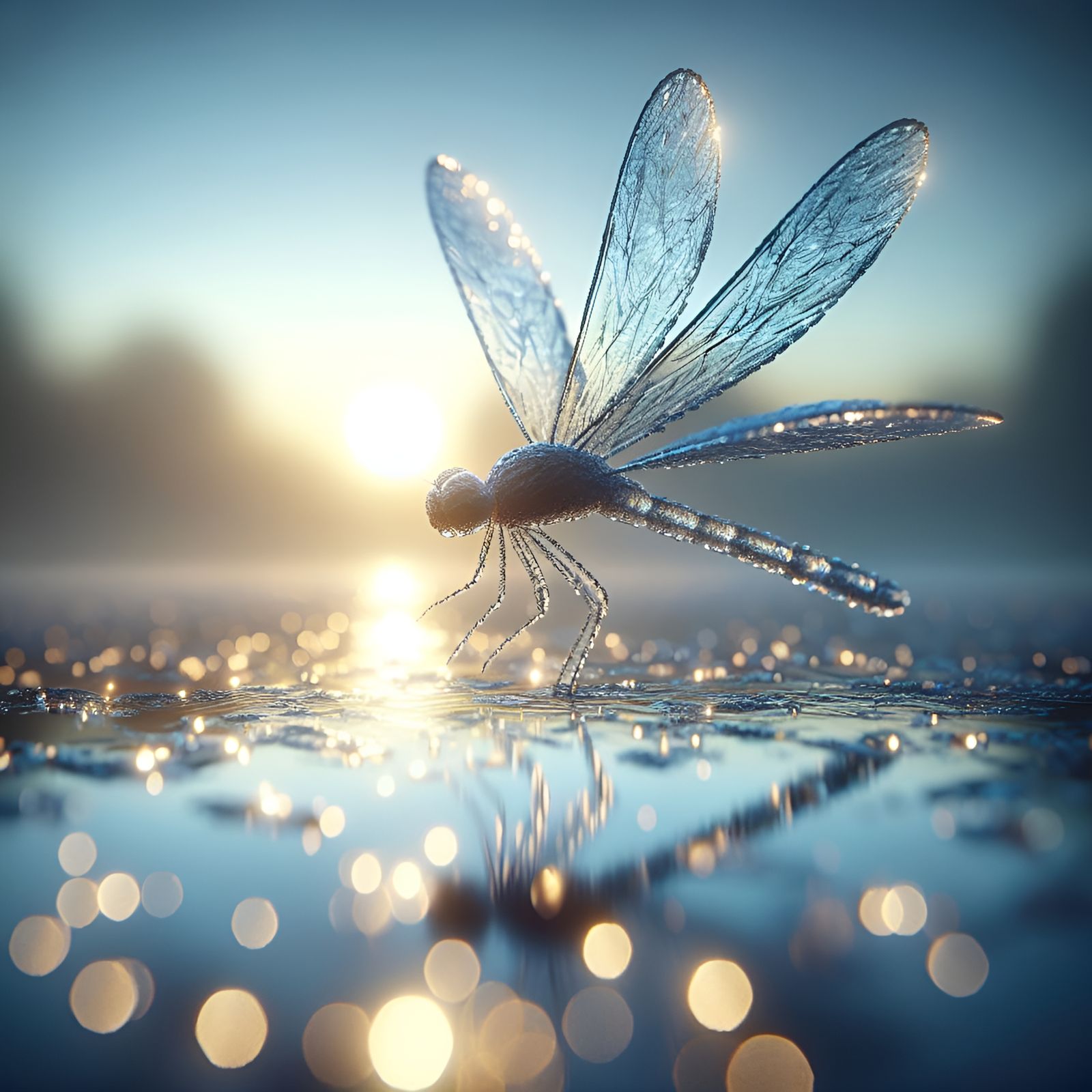 Water Dragonfly Shimmers in Dawn Light