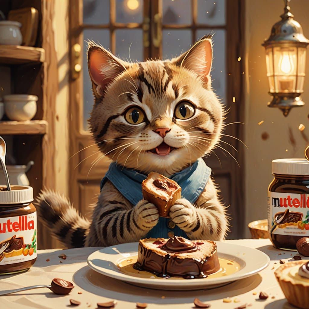 Cat Eating Nutella in Beatrix Potter Style