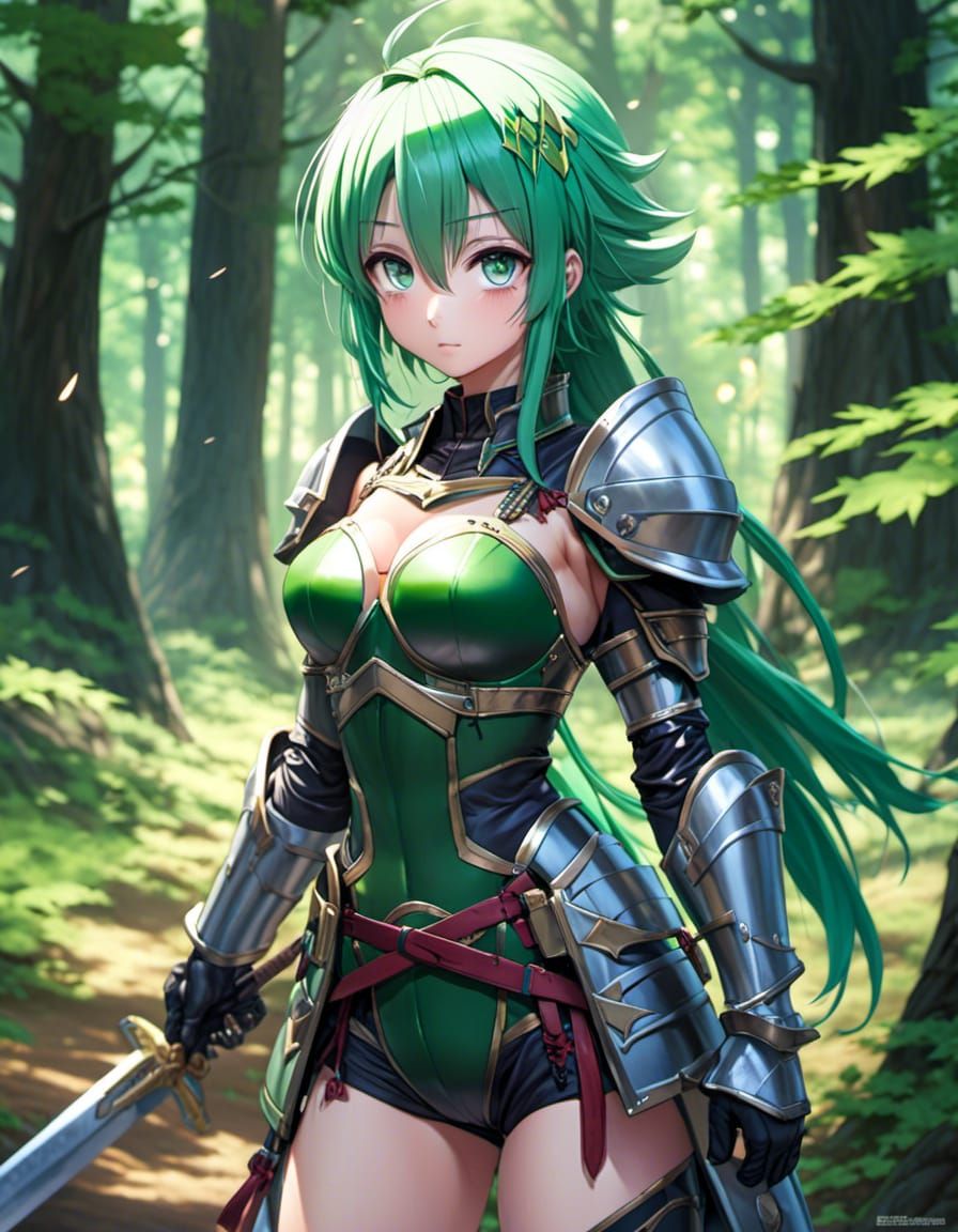 Anime Knight in Forest, Detailed Manga Style