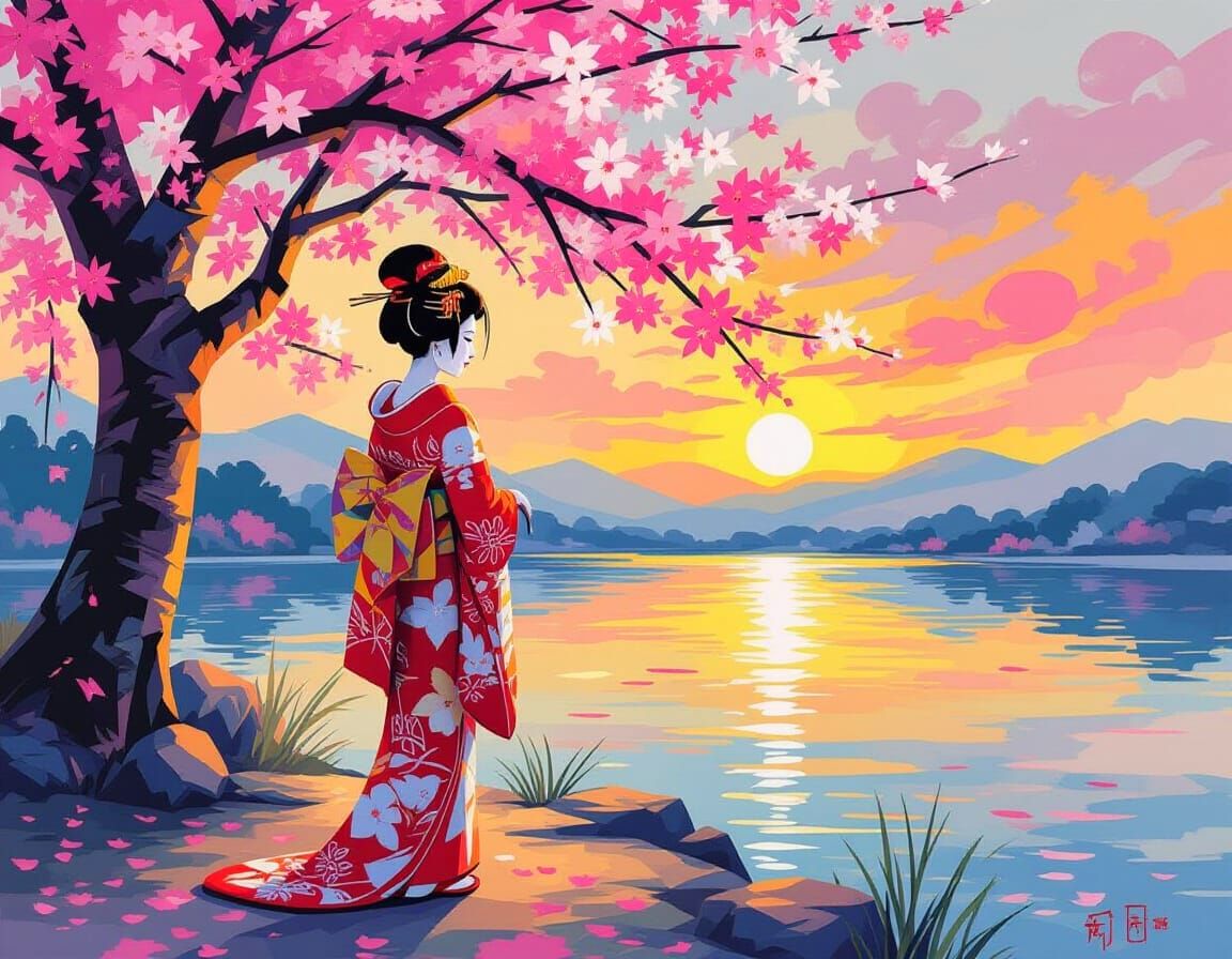 Geisha Under Blossoms at Sunset, Kandinsky Style