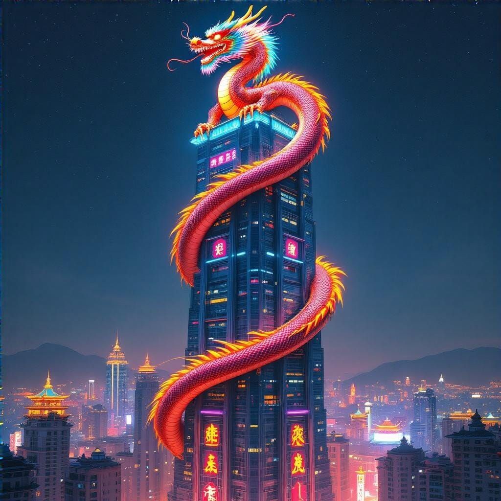 Futuristic Dragon Skyscraper in China at Night