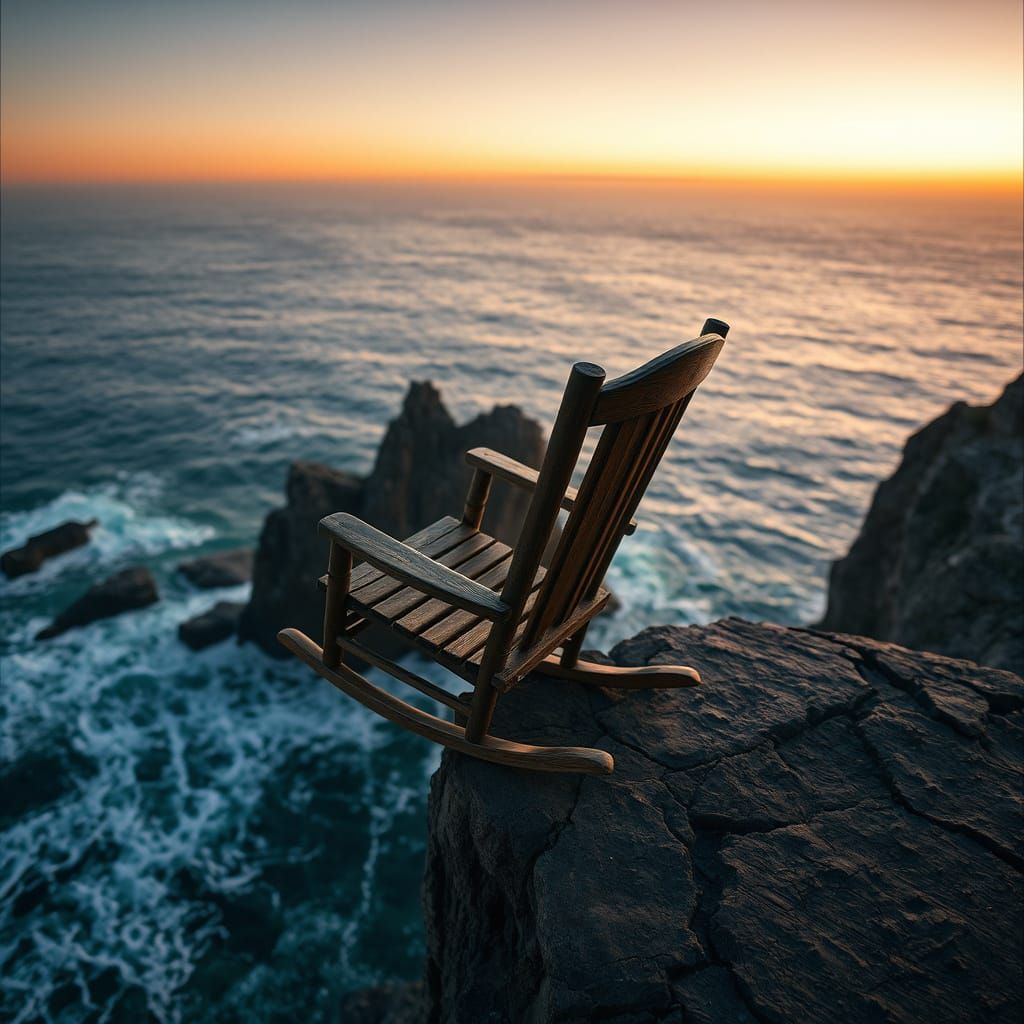Twilight Rocker on Cliff's Edge: Hyperrealistic Seascape
