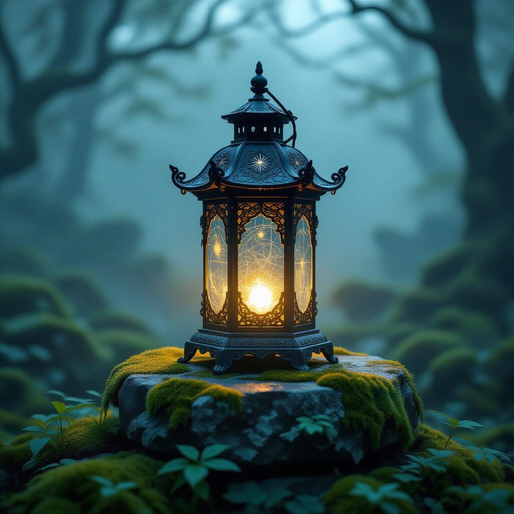 Ancient Lantern Guides Through Misty Grove in Dark Fantasy S...