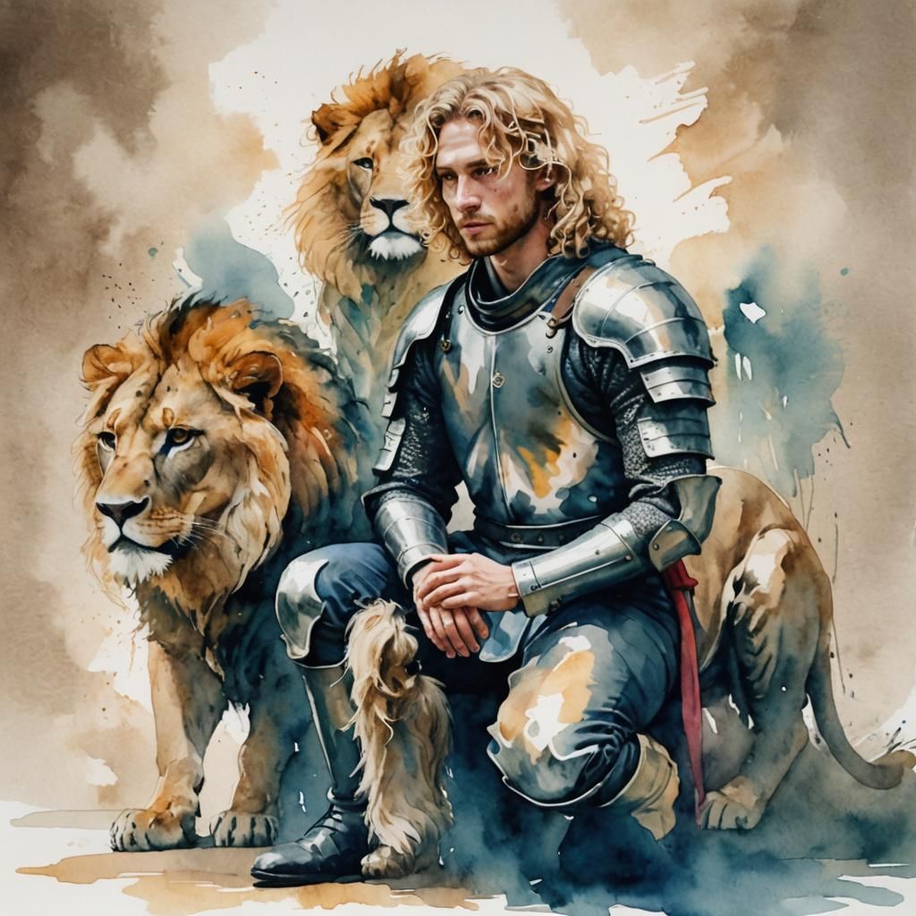 Watercolor Knight with Lion in Double Exposure