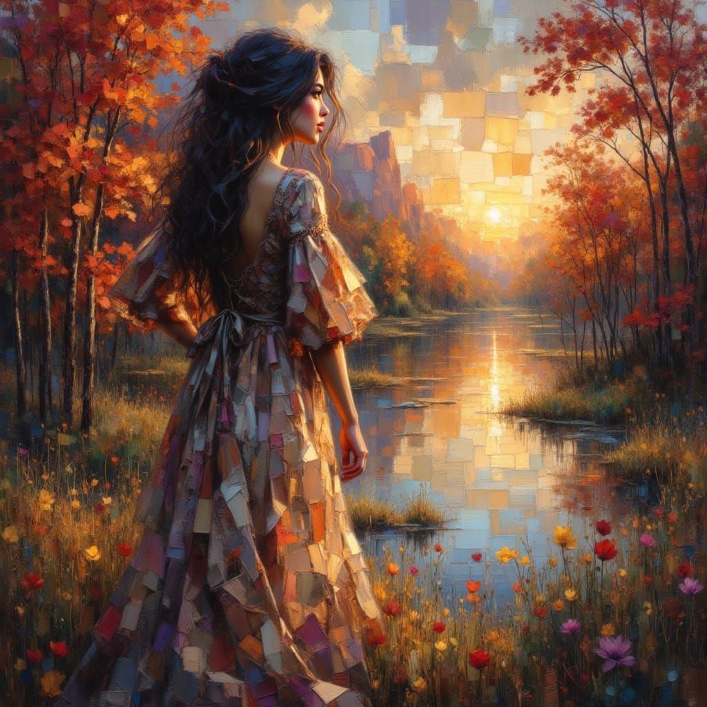 Elegant Woman Watching Fall Colors at Serene Lake