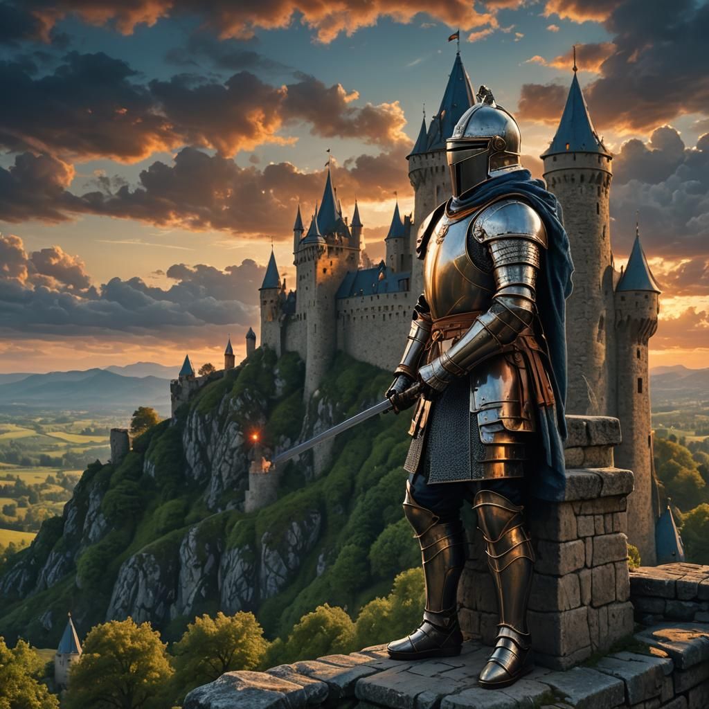 Knight on Castle Battlement in Fantasy Matte Painting