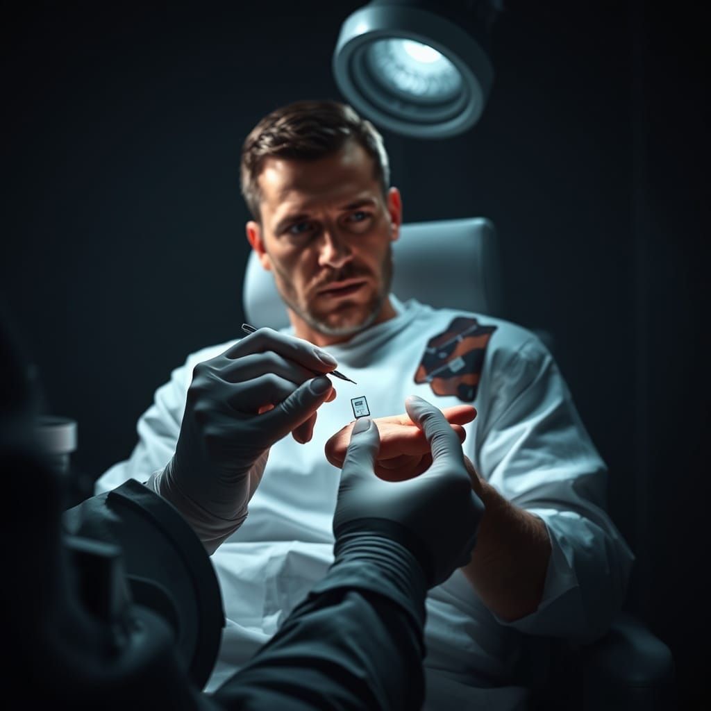 Hyperrealistic Microchip Implant: Cinematic Medical Scene
