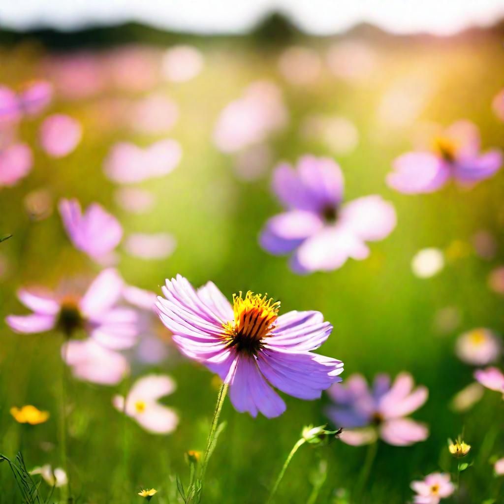 Cosmos Flower Macro in Sunny Meadow: Soft Photorealism