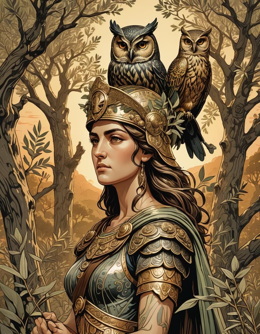 Athena in Olive Grove: Digital Woodblock Illustration