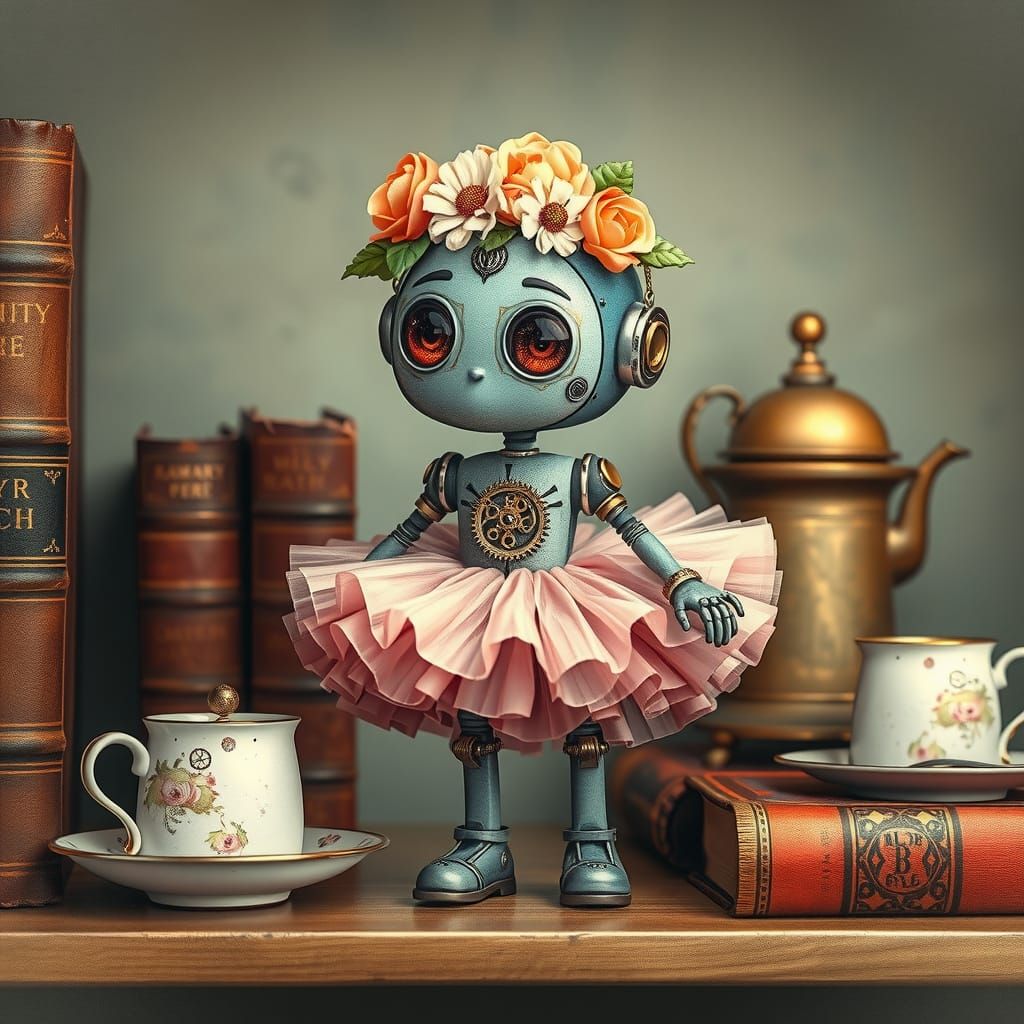 Curious Robot in Whimsical Floral Attire Surrounded by Vinta...