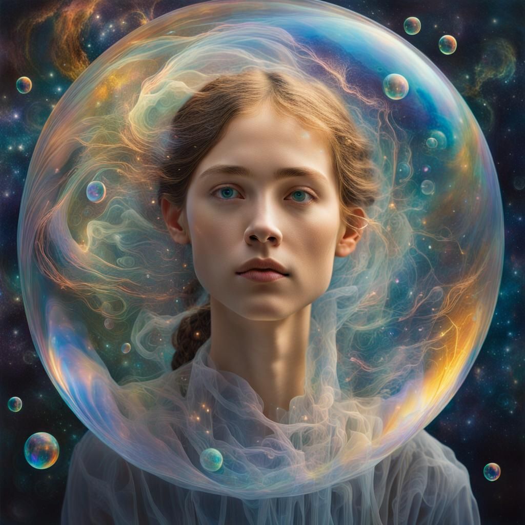 Dream State: Woman in Iridescent Bubble with Cosmic Lights