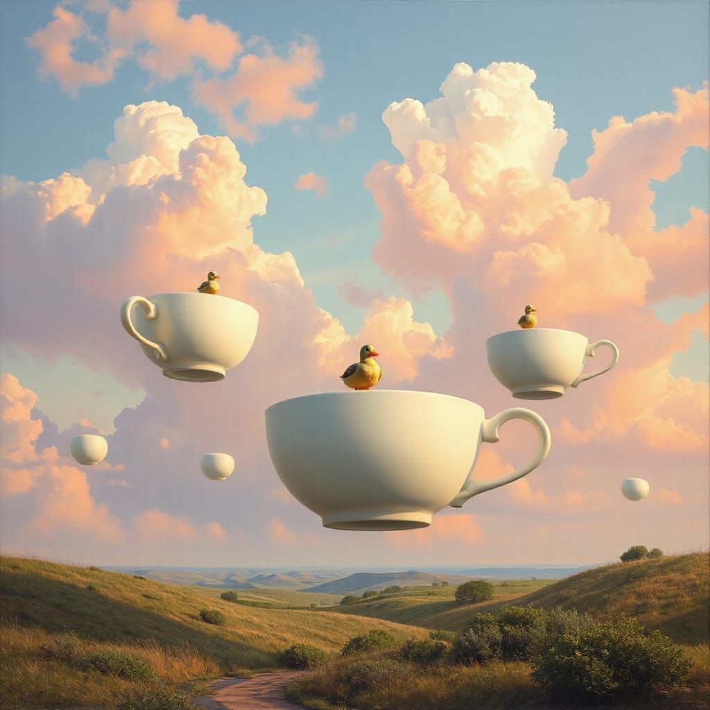 Surreal Teacups Drift in Pastel Sky with Tiny Ducks