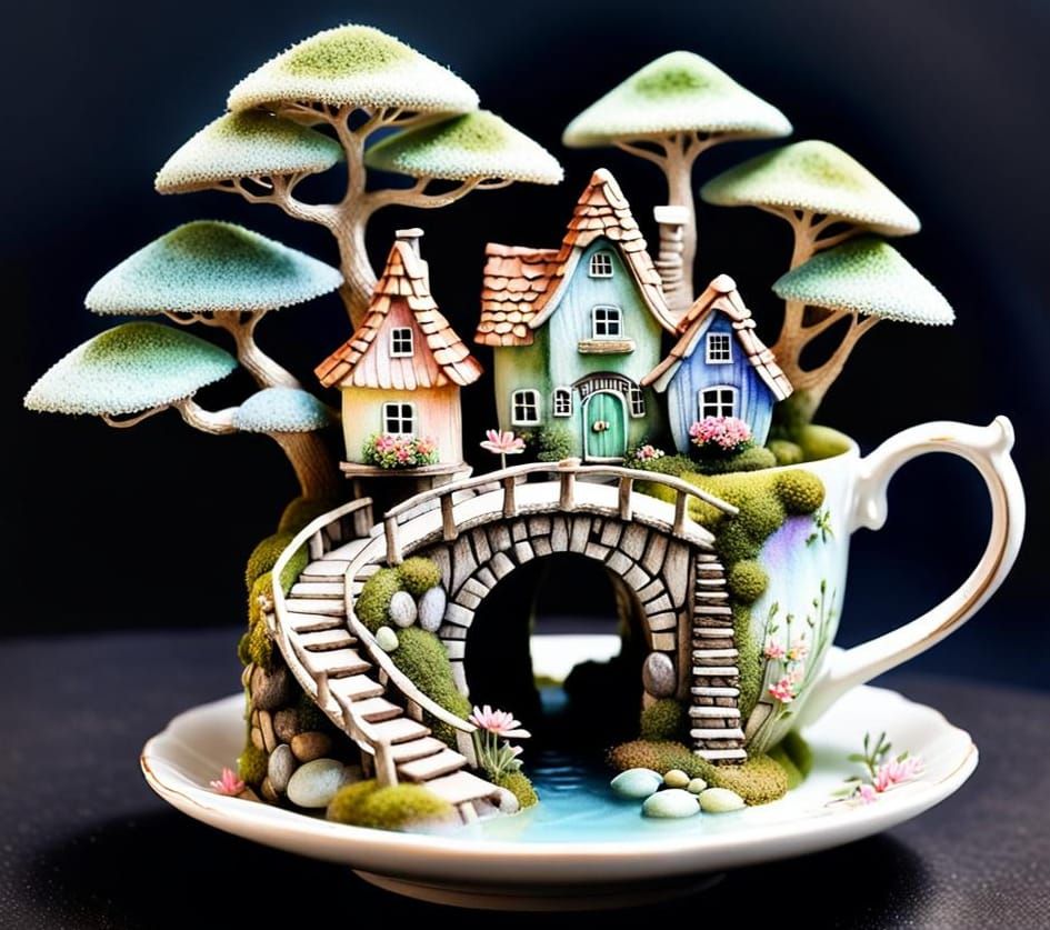 Fairy Village in Teacup: Watercolor 3D Render