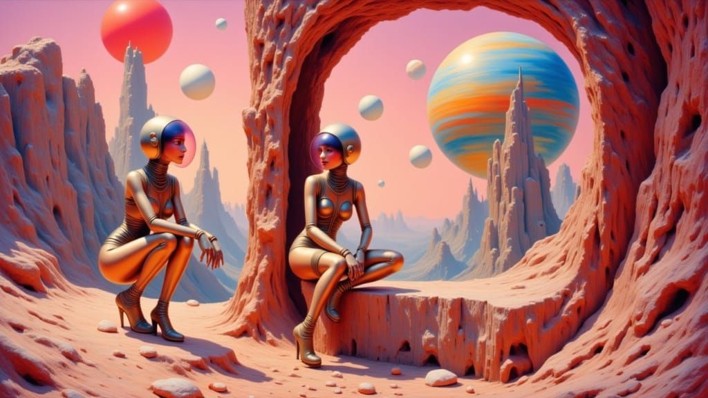 Two adult female gymnasts in slick futuristic silver pantyho...