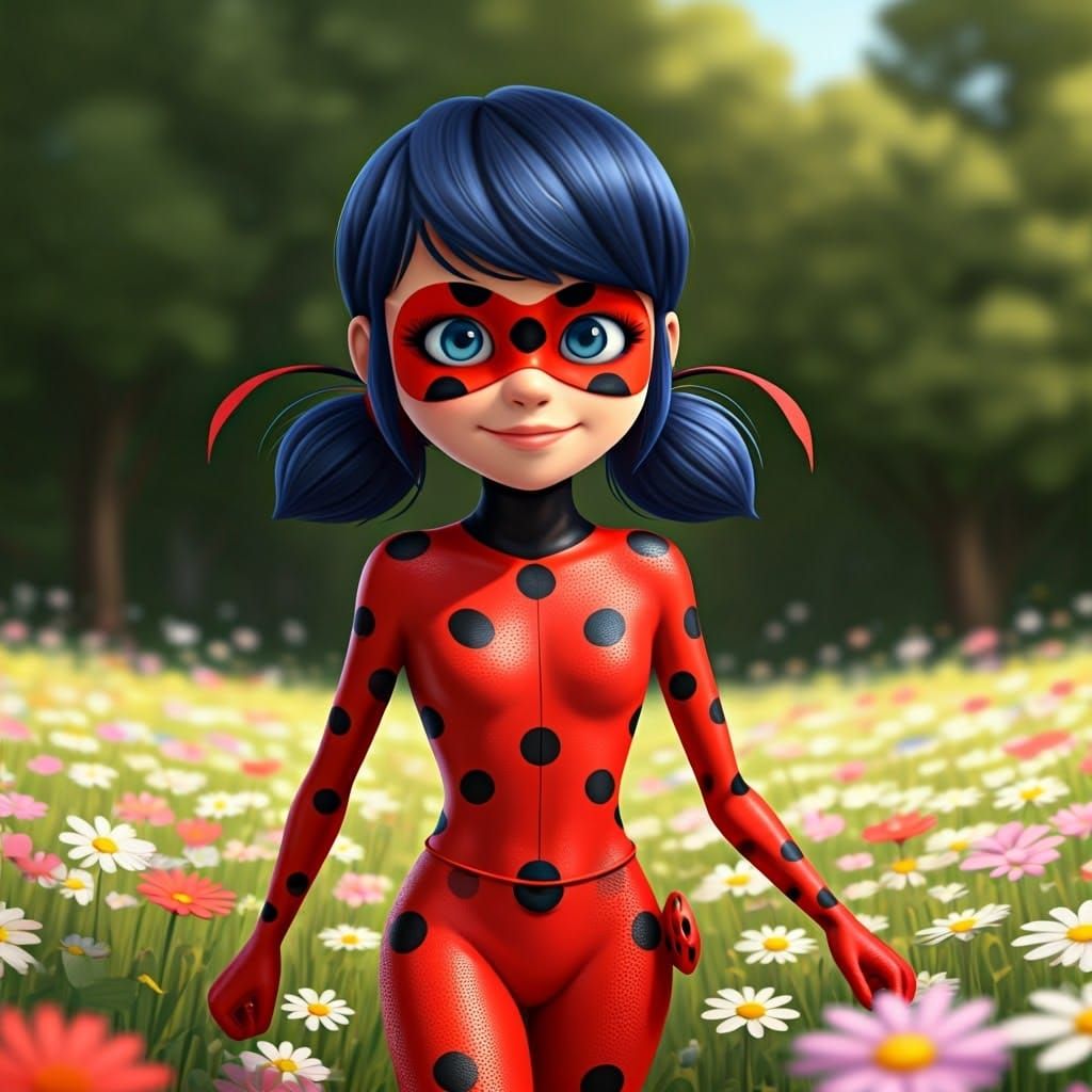 Muppet-Inspired Ladybug Girl Strolls in a Field of Flowers