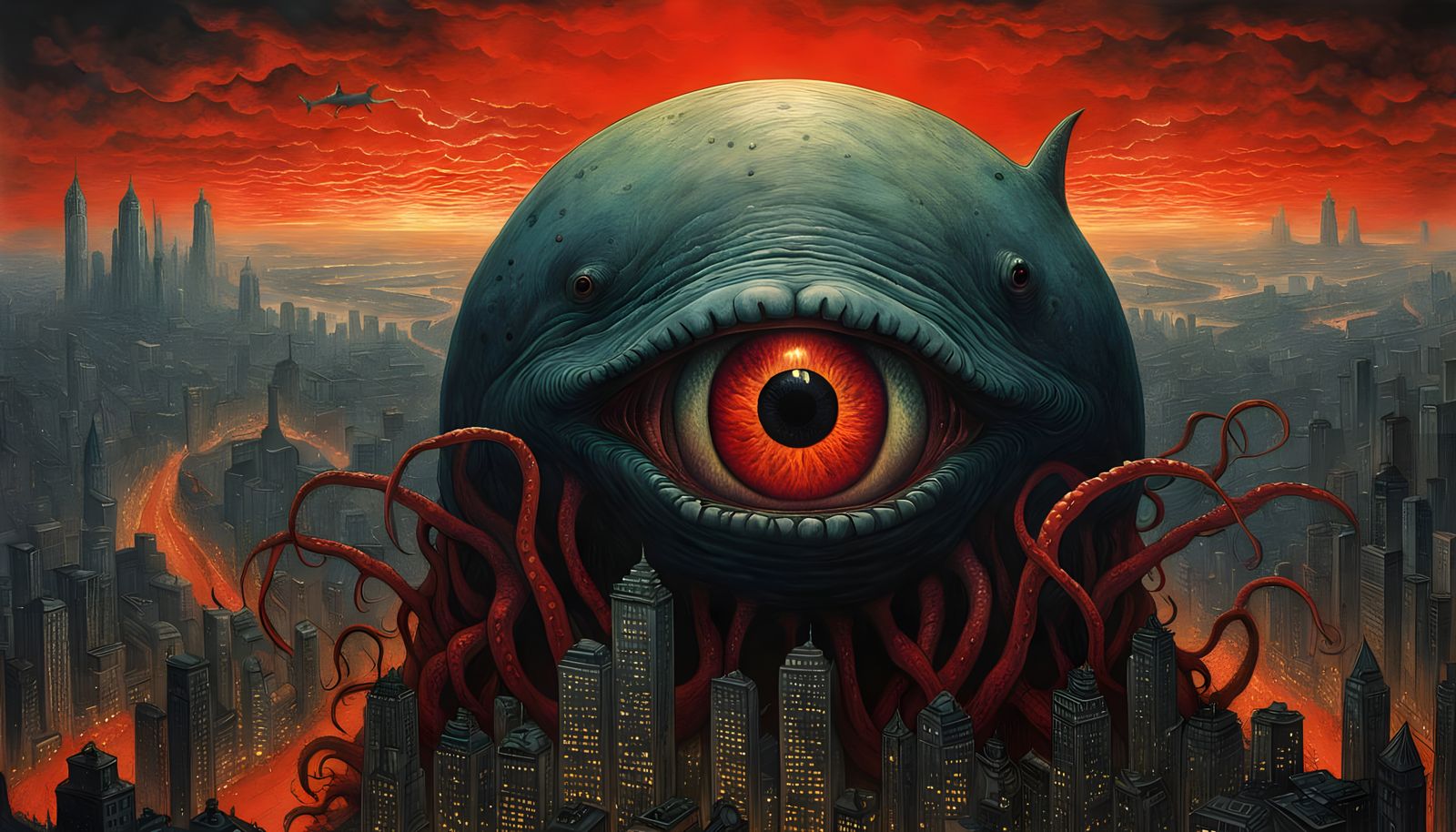 Colossal Eyeball Monster Over Desolate Cityscape