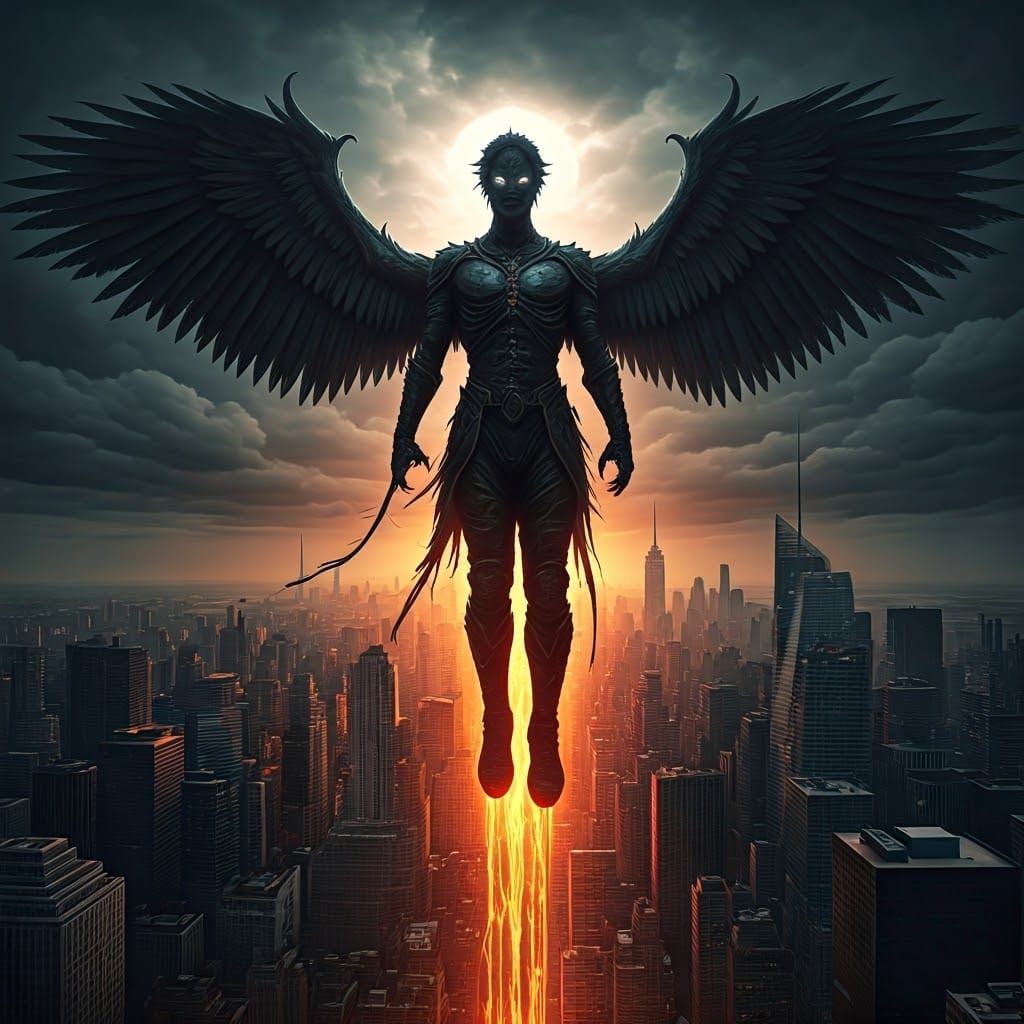 Ominous Winged Figure Descends Over Burning Metropolis