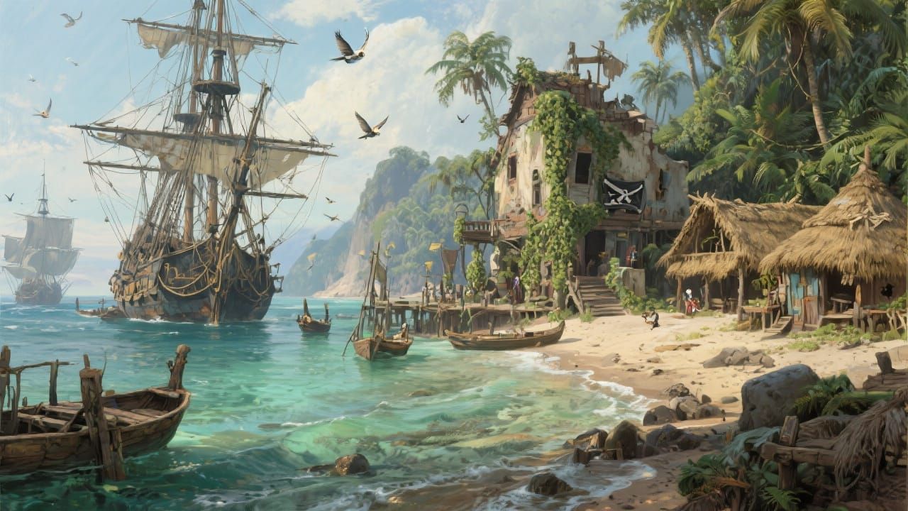 Pirate Cove Scene in Classic Illustration Style