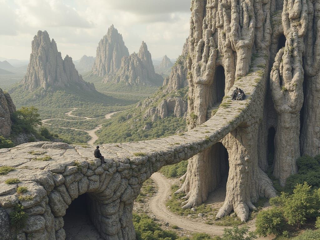 Surreal Landscape with Fractal Hands in Escher Style