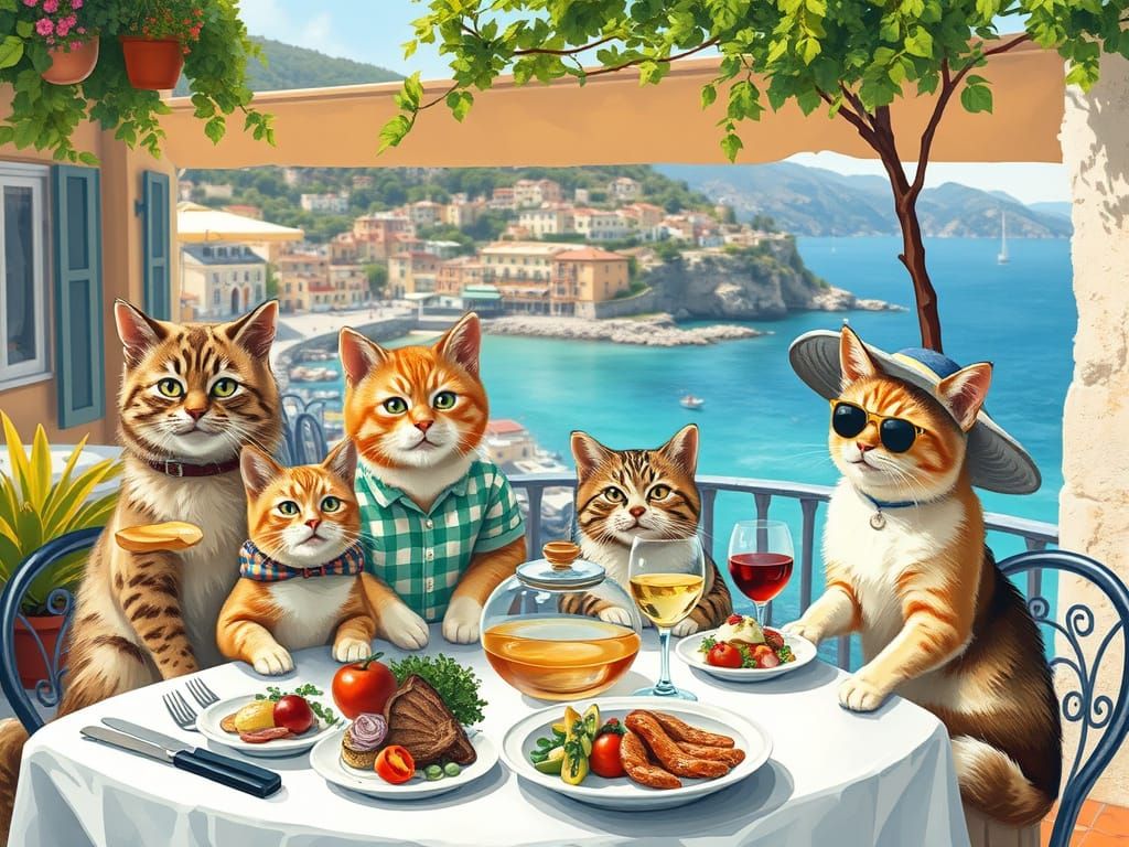 Cats Enjoying Mediterranean Cuisine in Impressionist Style