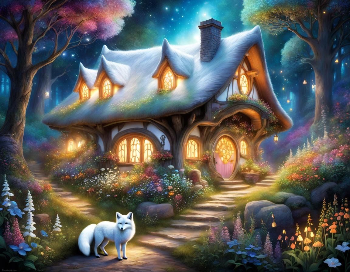 Opalescent White Fox in Ethereal Forest