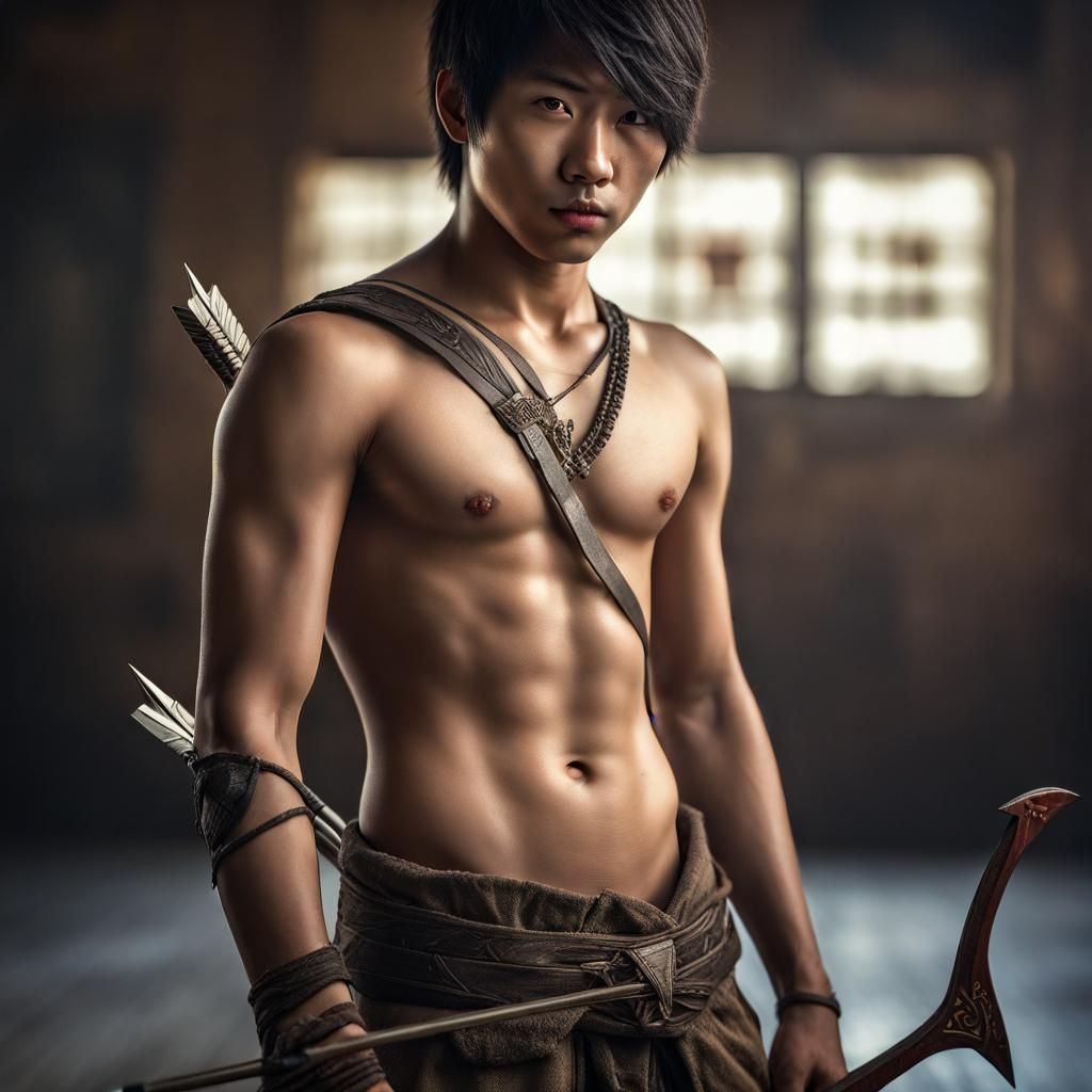Shirtless Asian Boy Pierced by Arrows: Hyperrealistic Image