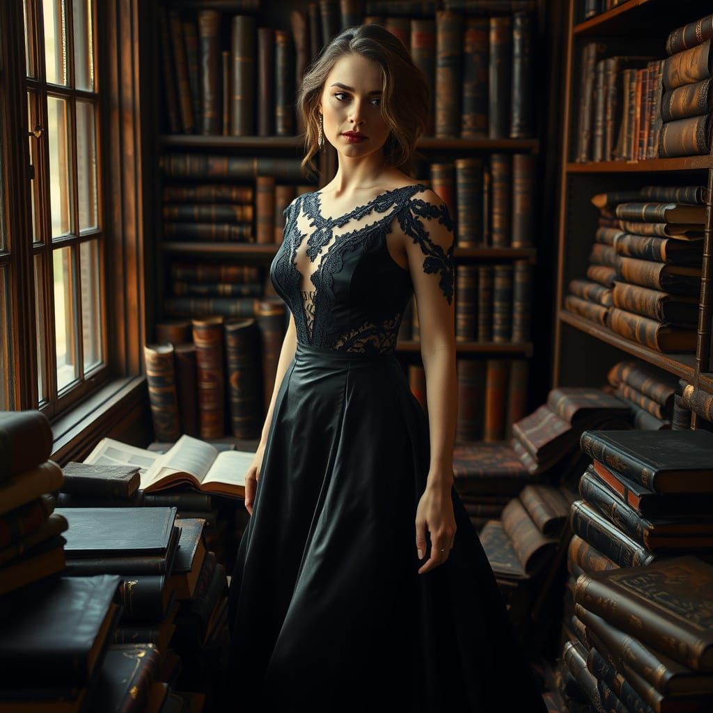 Elegant Woman in Gown Among Ancient Books