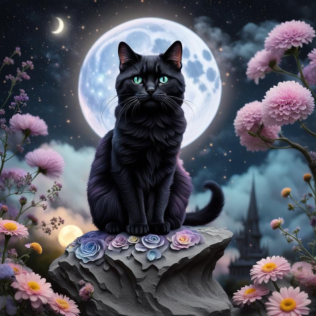 Detailed Black Witch Cat Under Pastel Moon