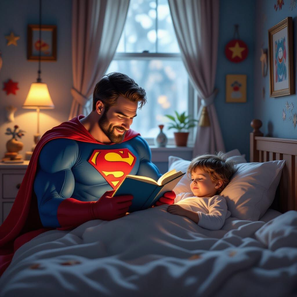 Superhero Dad Reading Bedtime Story, Fantasy Art