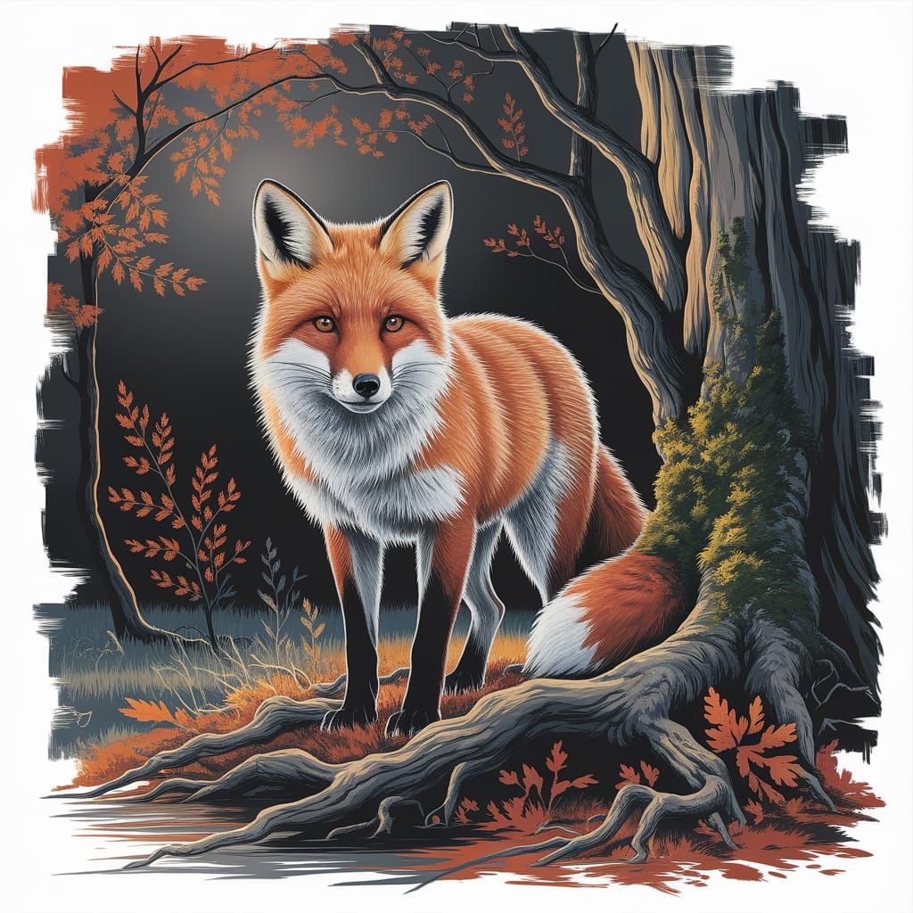 Red Fox in Autumn Woodland, Gritty Impressionism