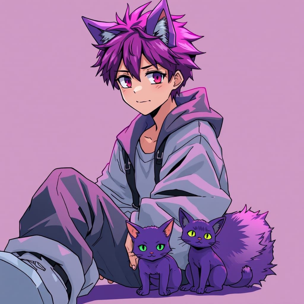 Teen Boy with Wolf Features and Purple Cat in Manga Style