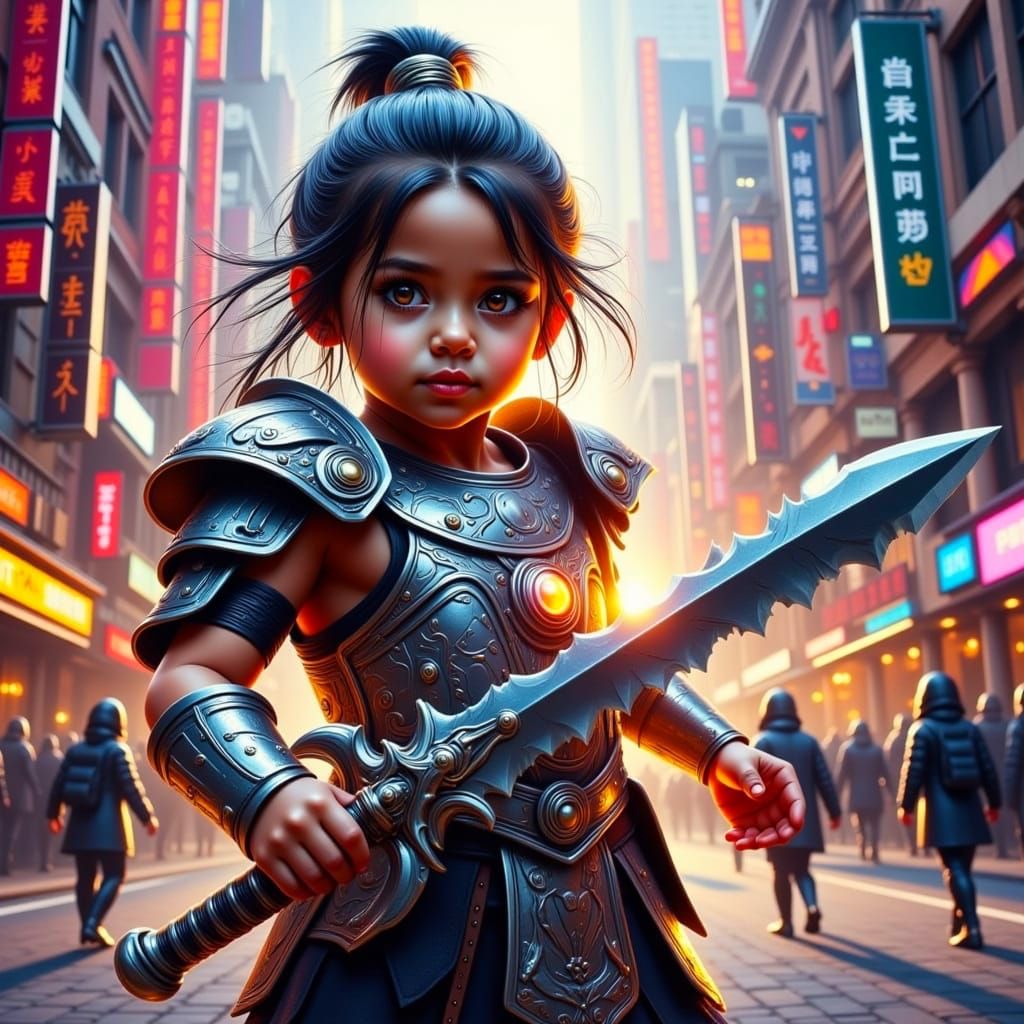Young Latina Warrior Stands Tall in Neon City Streets