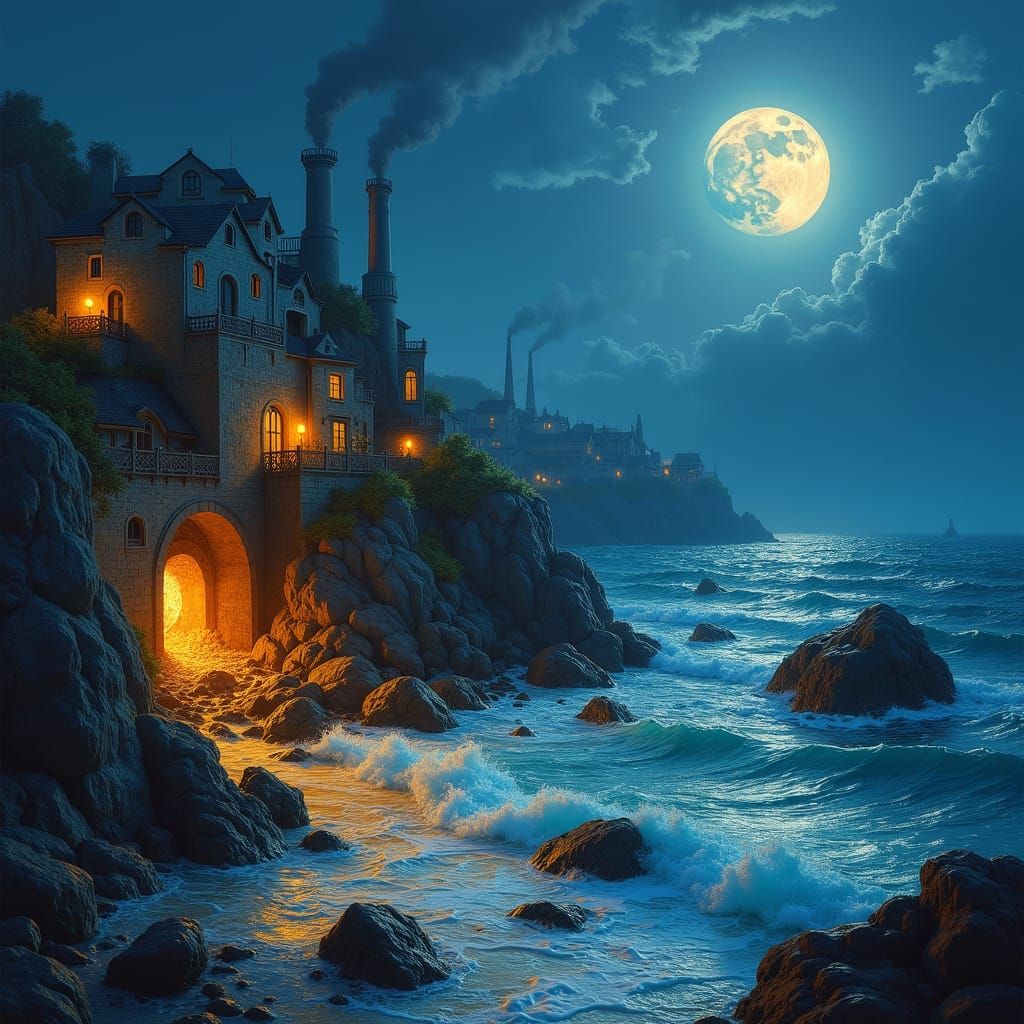 Mystical Moonlit Night in Coastal Town as Oil Painting