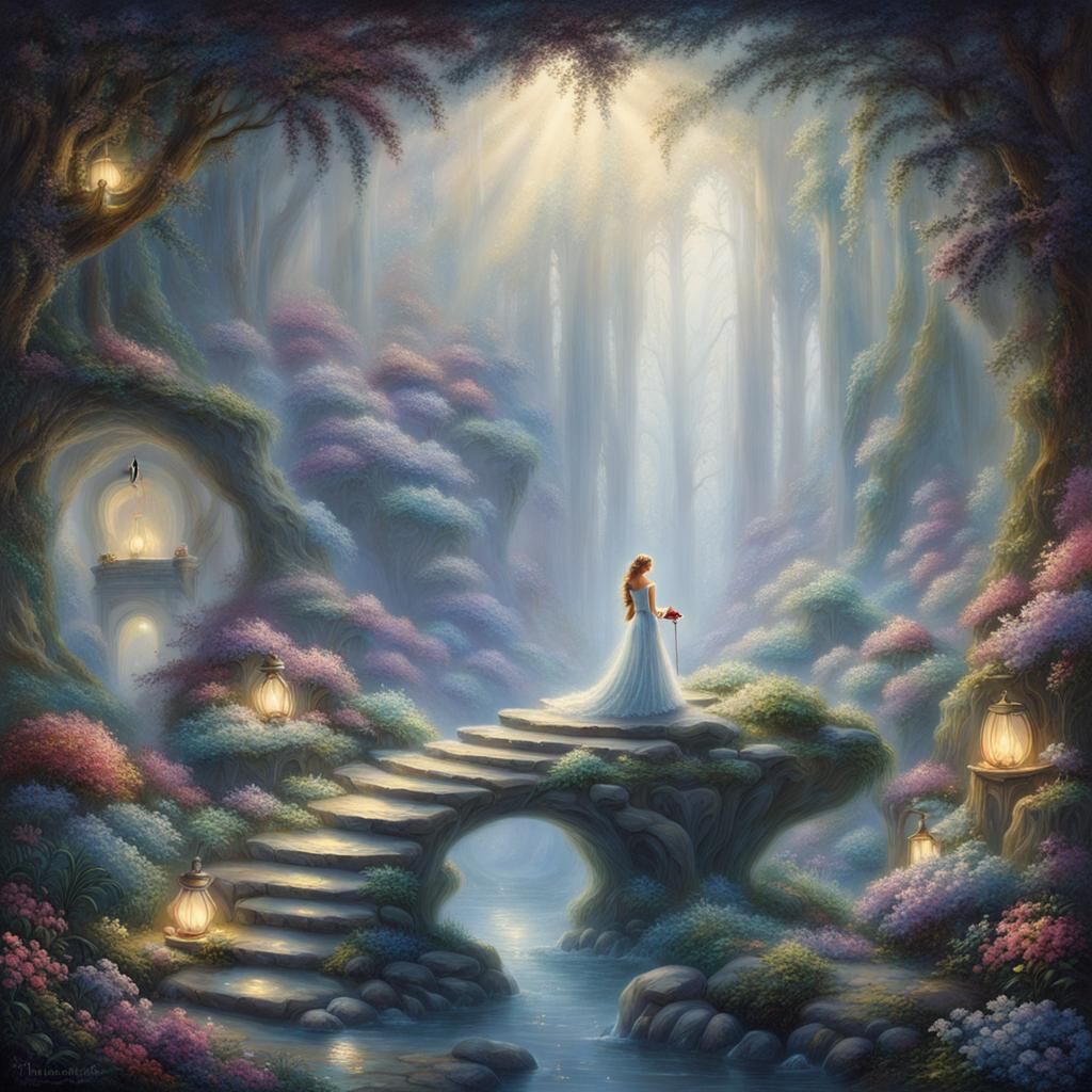 Ethereal Gem Cave with Woman in Silver Dress
