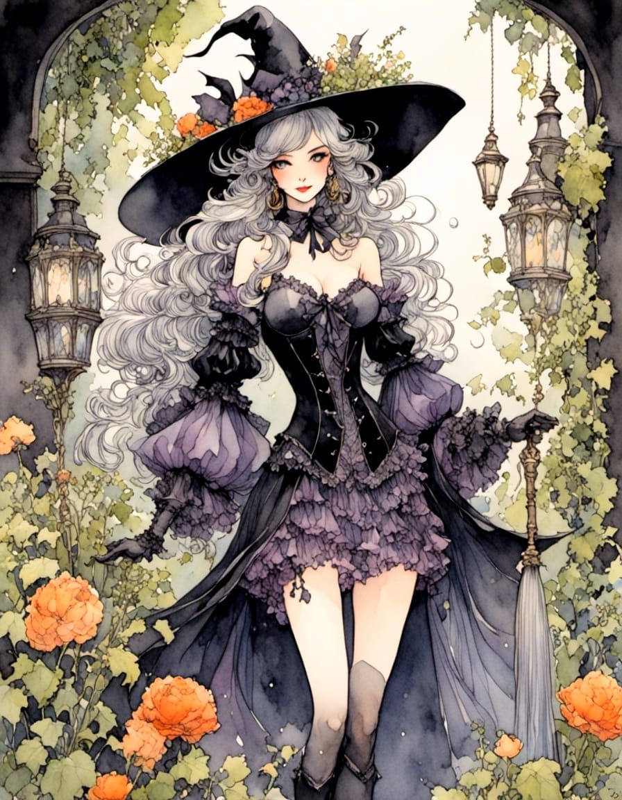 Cute Witch in Her Garden as Watercolor Art