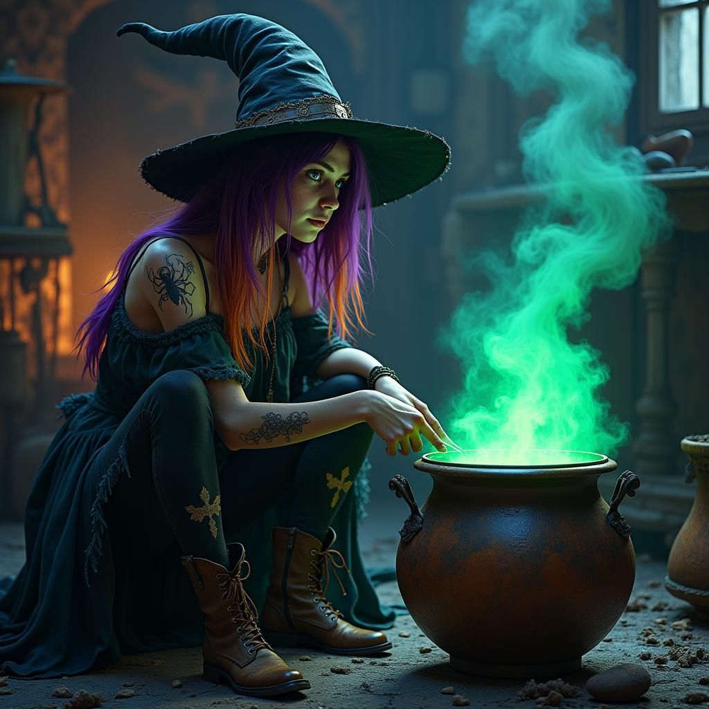 Enchanting Fantasy Witch Concocting Elixir in Dim Kitchen