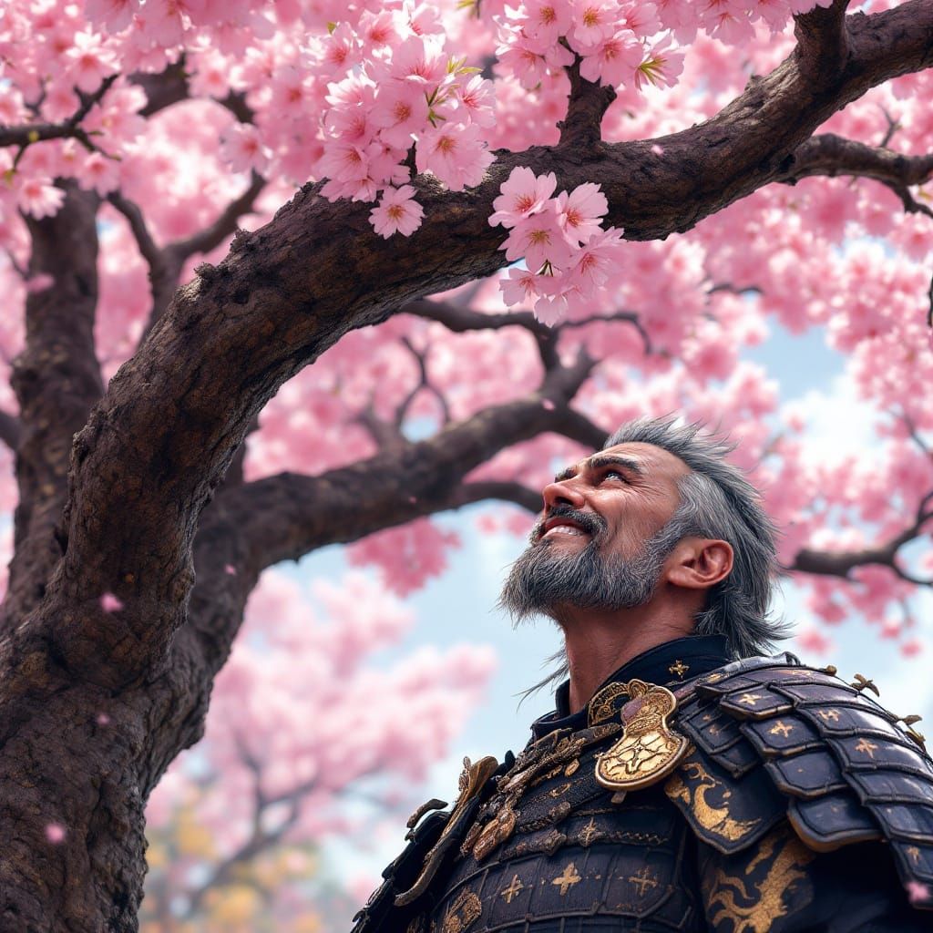 Serene Samurai Finds Peace Under Cherry Blossoms in Traditio...