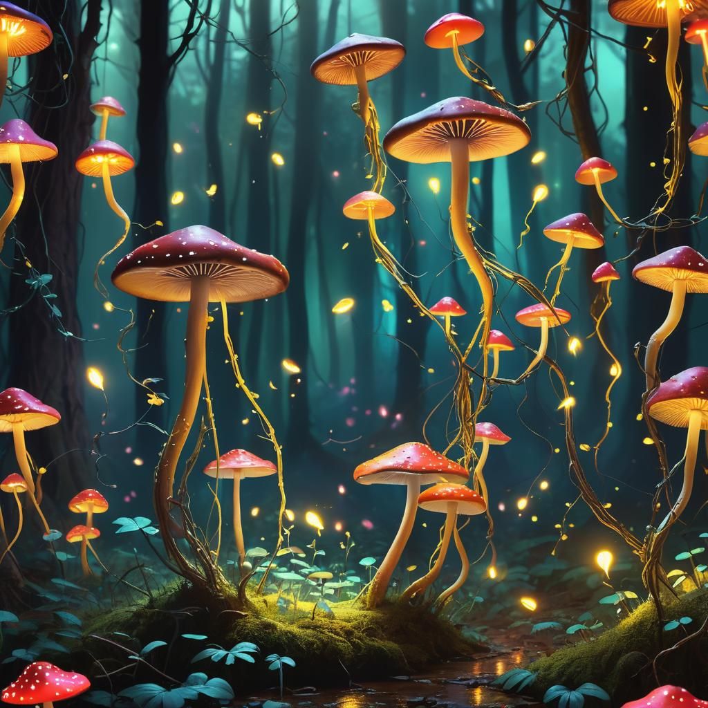 Magical Mushroom Dance in Neon Surrealism